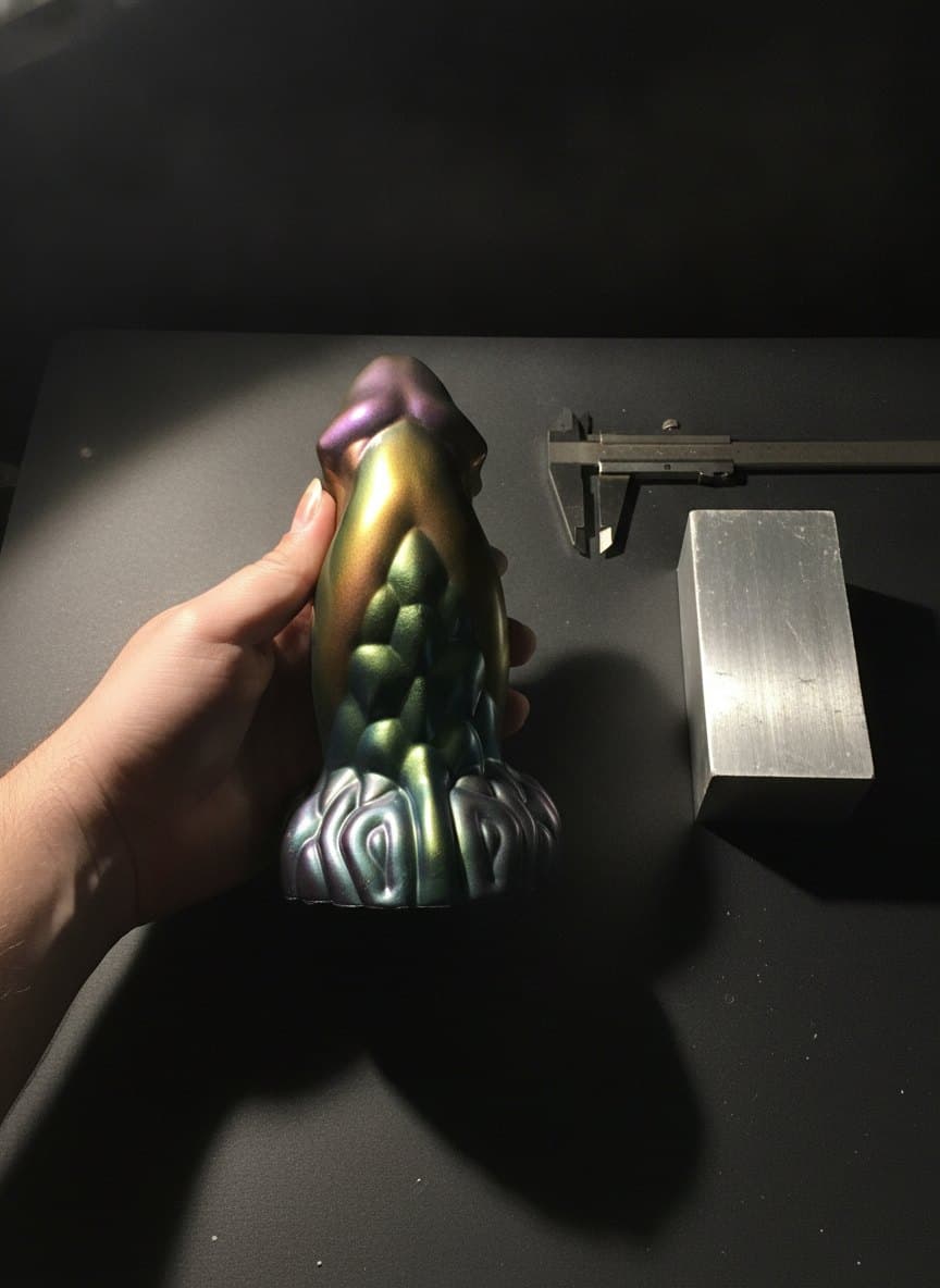 Dunkle Werkbank mit Hand, Messschieber und Aluminium-Formblock, echtes Betriebsfoto
