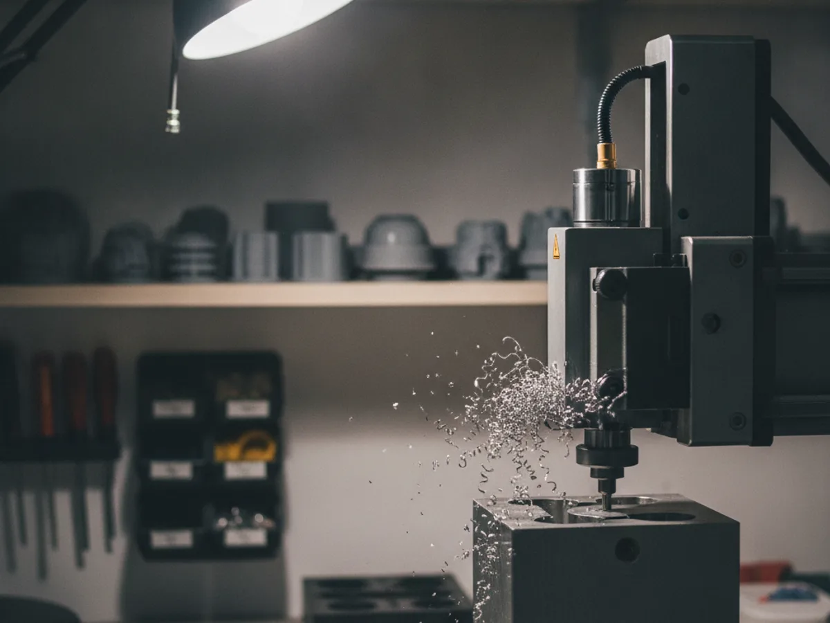 CNC-Fräse schneidet eine Gussform aus einem Block, Späne fliegen