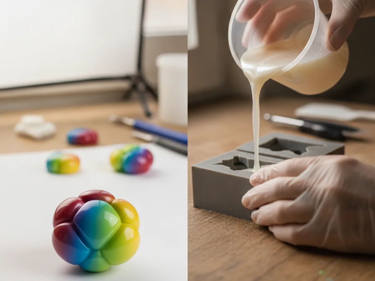 Behandschuhte Hand giesst flüssiges Silikon in eine offene Gussform, daneben fertige Stücke